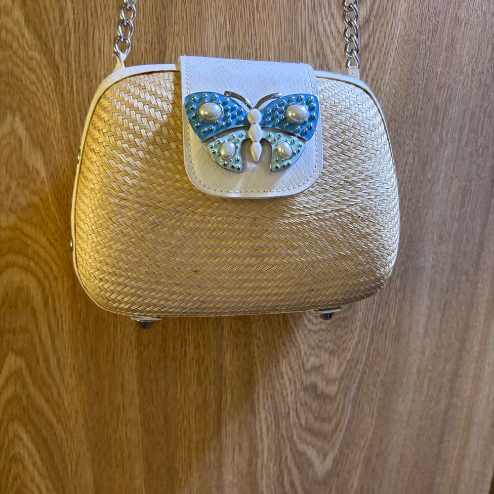 Chic Woven Cream and Blue Butterfly Women's Shoulder Bag